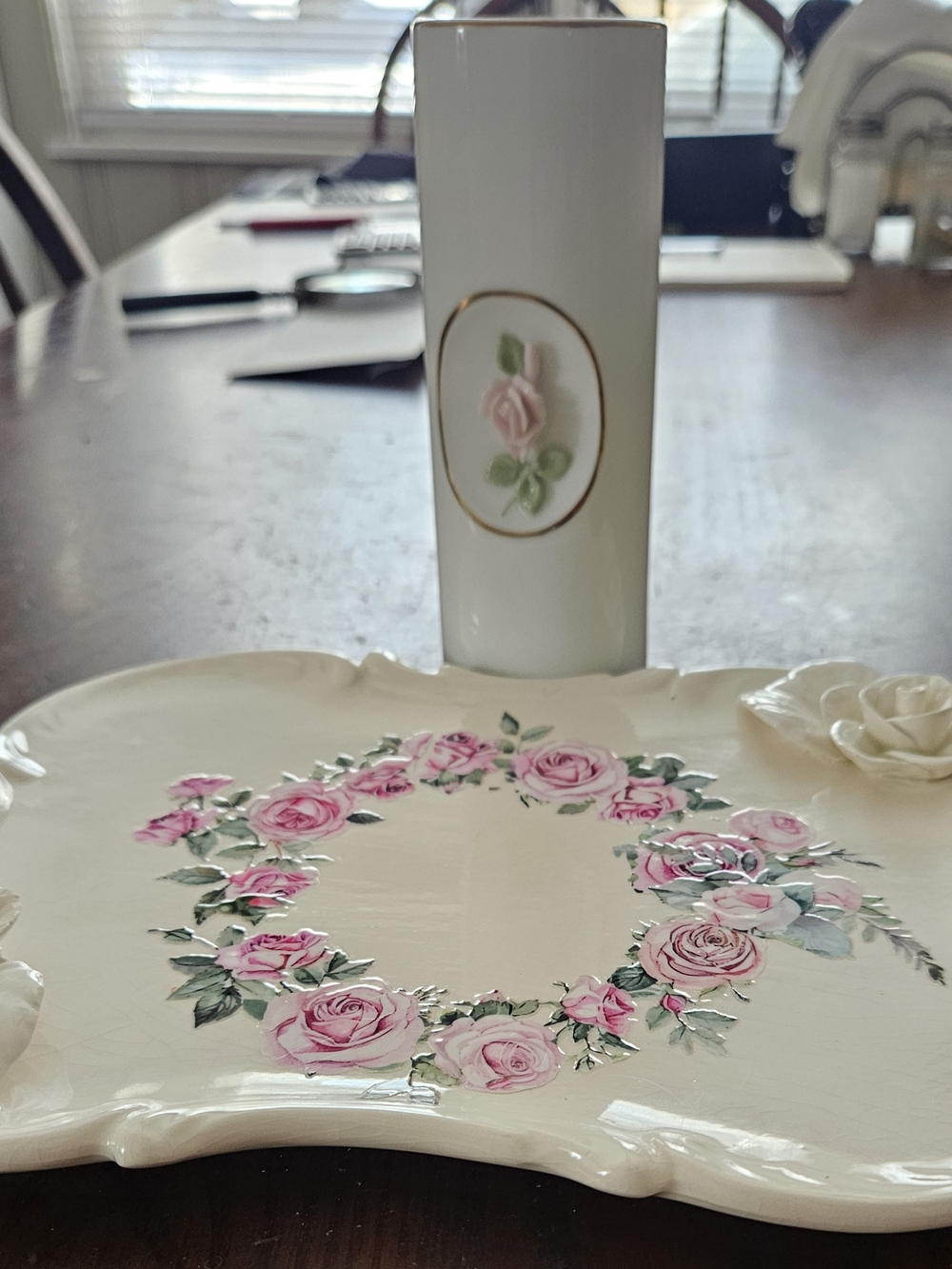 Vintage Pink Rose Ceramic Tray with Vase Accent